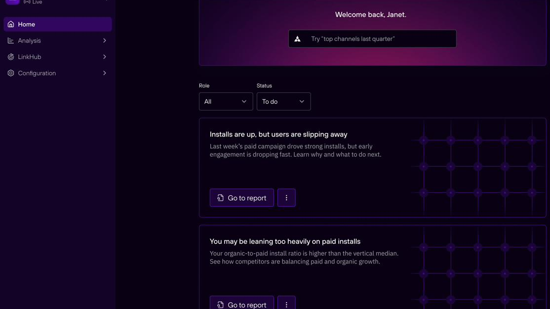 After state. The new Branch Home dashboard built on the design system, showing a personalized greeting, the Ivy AI assistant search box, and three AI-recommended insight cards with clear typography hierarchy and a dark theme
