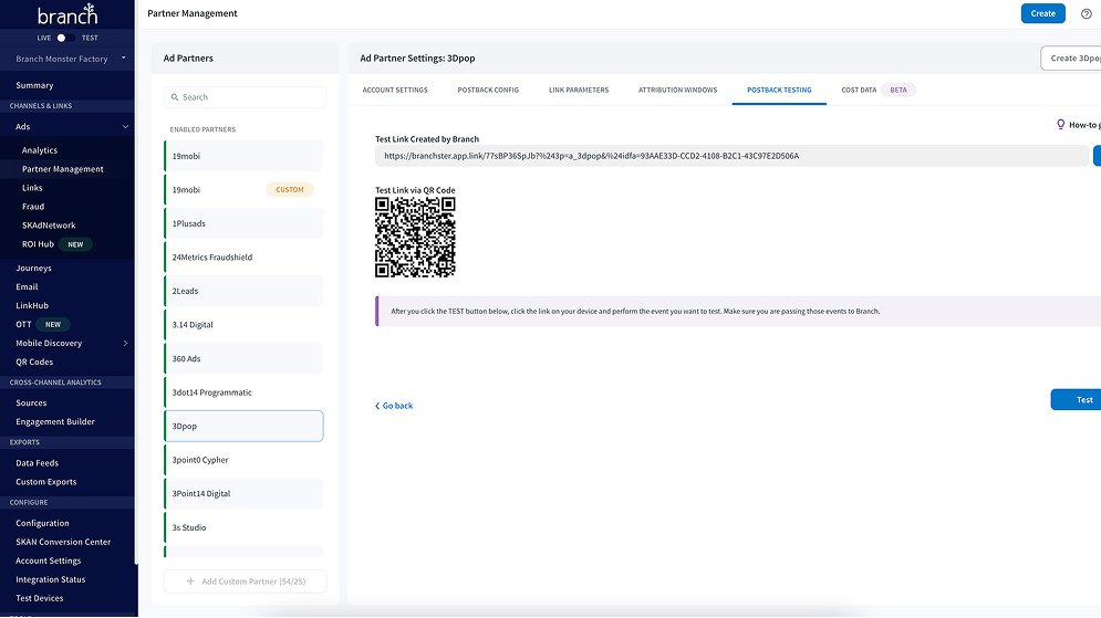 Before state. The legacy Branch Partner Management screen showing a long sidebar list of ad partners, a tabbed settings interface, and a QR code area with no clear signal of which partners are actively delivering value