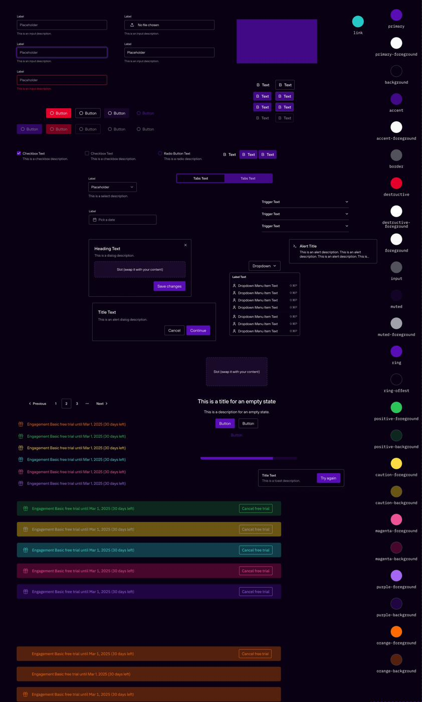 Branch design system overview in dark theme showing the same component library and color tokens applied to a dark surface, demonstrating theme-aware foreground and background pairs across the whole system
