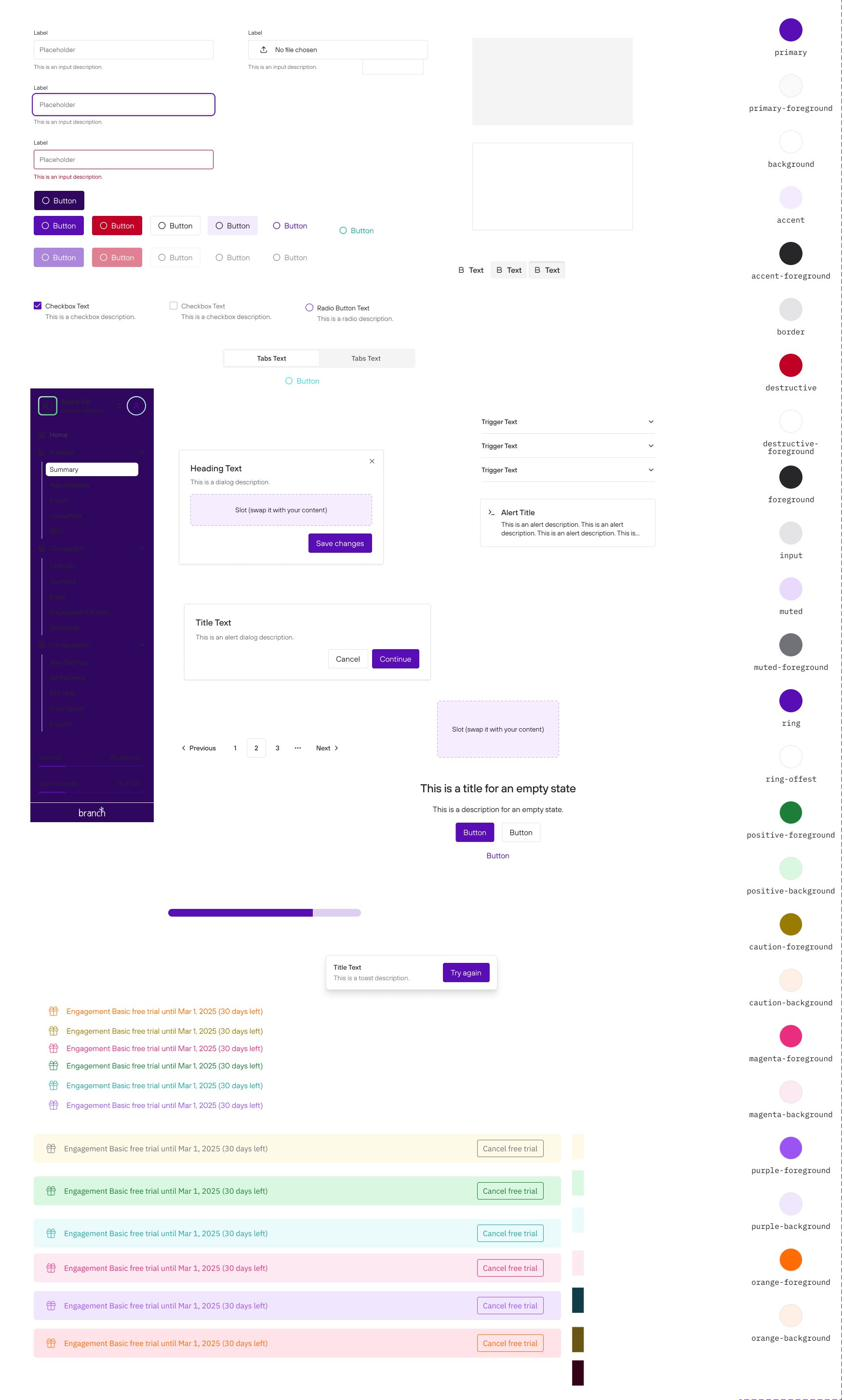 Branch design system overview in light theme showing the full component library: inputs, buttons, checkboxes, radio buttons, tabs, dialogs, alerts, dropdowns, pagination, empty states, progress bars, toasts, and a complete color token palette with primary, accent, border, destructive, positive, caution, magenta, purple, and orange variants